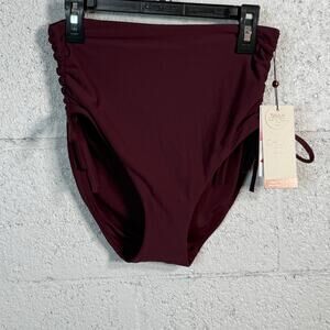 CALIA Women's High Waisted Ruched Side Tie Swim Bottoms Wine XS